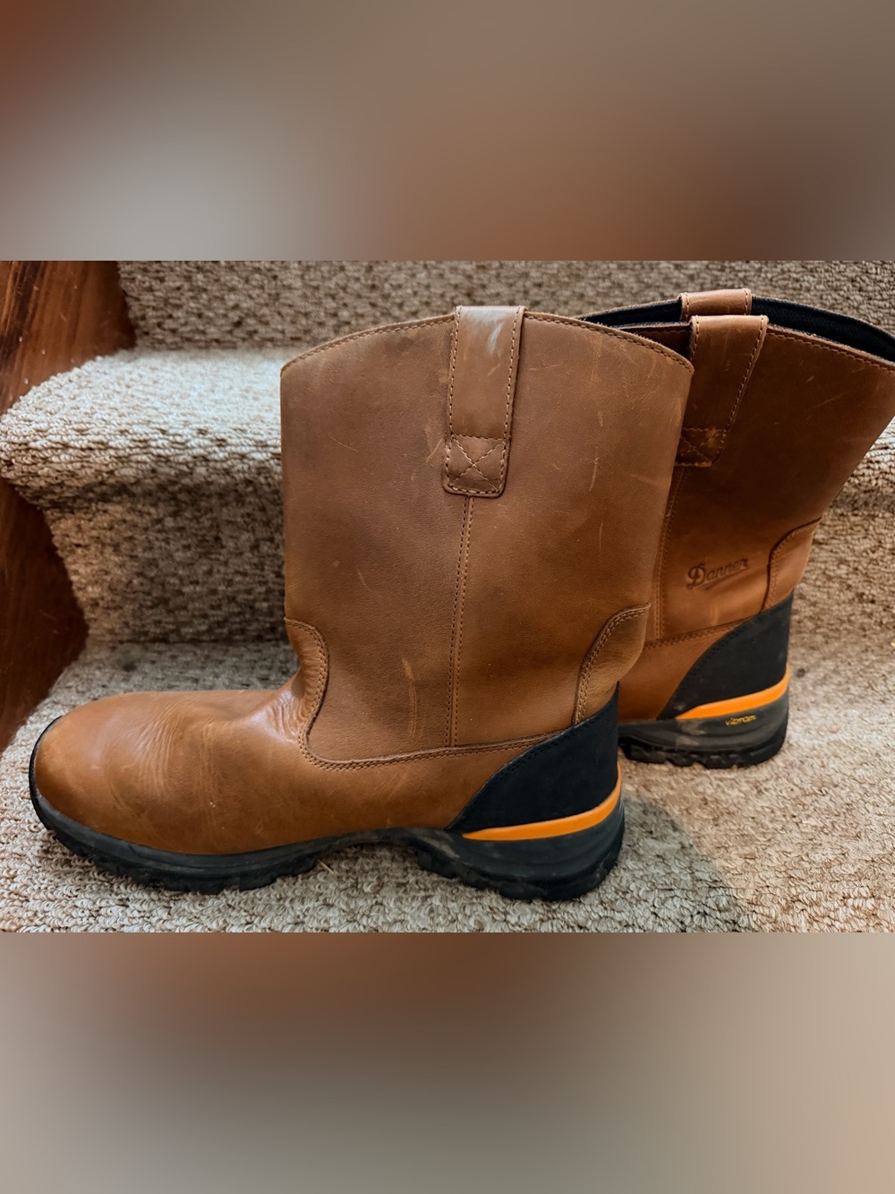 Danner Brown Leather Pull-On Work Boots with Black Heel and Orange Strip